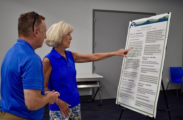 Kelley Klepper, a vice president and senior planner for Kimley-Horn, speaks with Indigo’s Suzanne Henke following the Envision Manatee presentation at the Lakewood Ranch Library March 28.