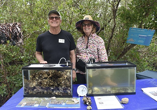 Jeff Smith, president of the Landings Management Association, and Judi Smith, display two tanks into which they dumped phytoplankton, one with oysters and one without, to show the work the oysters do in keeping the water clean.
