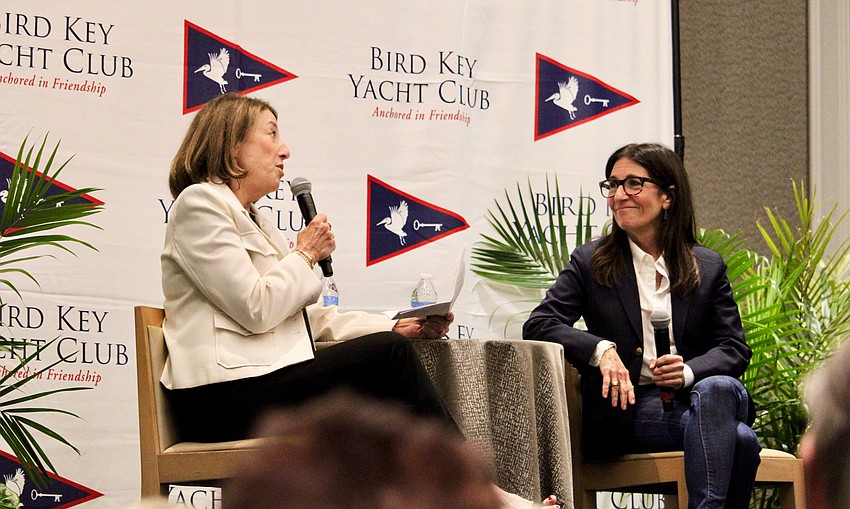 Bird Key Yacht Club member Amy Lazurus, one of the organizers of this year's Seafarers Lecture Series, moderated the discussion with her longtime friend, Bobbi Brown.
