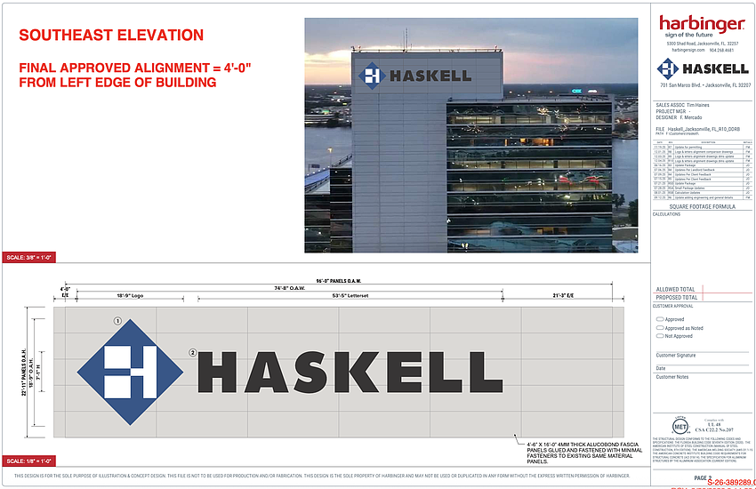Plans show signage on the southeast face of Haskell's headquarters building at 701 San Marco Blvd.