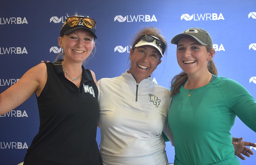 New College of Florida's Tereza Miksovska, golf coach Judy Carlson and Madison Balaskiewicz prepare for a day of good and fun competition at the Ranch Scramble on March 30.