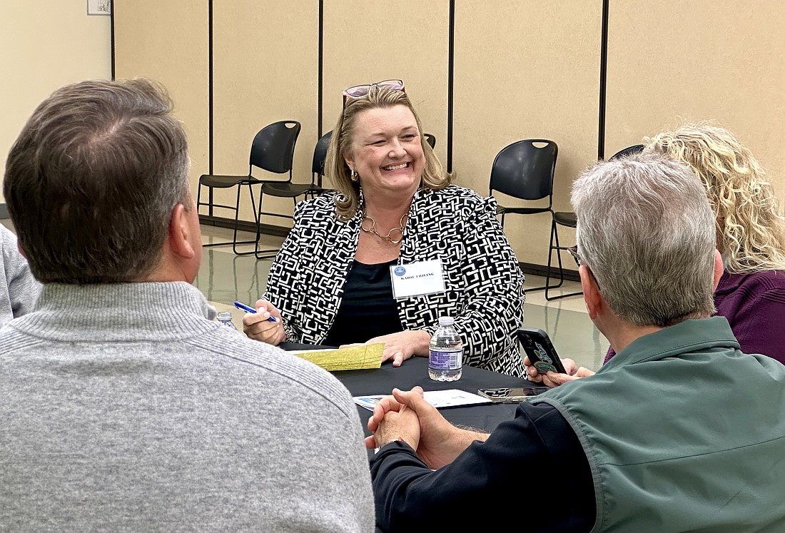 Karie Friling meets with Sarasota community members during the open house portion of the immersive two-day interview process with four other finalists for the city manager position.