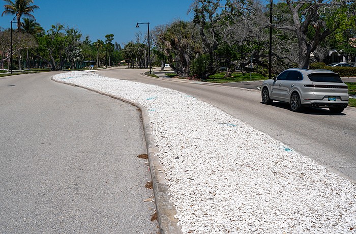 The white shell median on Bay Isles Road near Town Hall will be refreshed in a landscaping project set to wrap up before Independence Day.