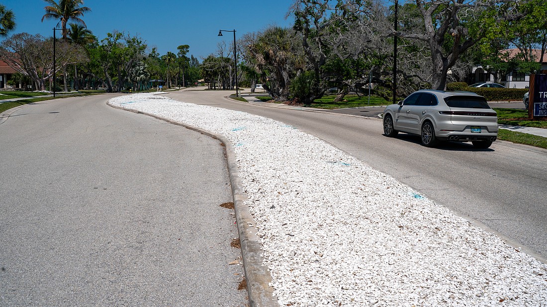 The white shell median on Bay Isles Road near Town Hall will be refreshed in a landscaping project set to wrap up before Independence Day.