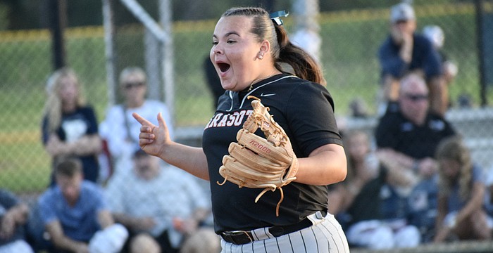 Ashlan Guengerich celebrates an out during Sarasota softball's game at Parrish Community on March 31. The senior owns a .528 batting average which ranks best among Sailors with 10 or more games played.
