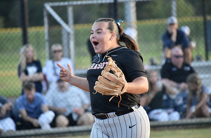 Ashlan Guengerich celebrates an out during Sarasota softball's game at Parrish Community on March 31. The senior owns a .528 batting average which ranks best among Sailors with 10 or more games played.