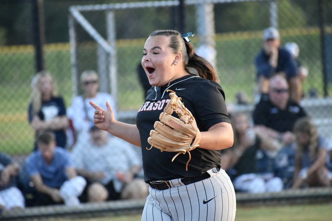 Ashlan Guengerich celebrates an out during Sarasota softball's game at Parrish Community on March 31. The senior owns a .528 batting average which ranks best among Sailors with 10 or more games played.