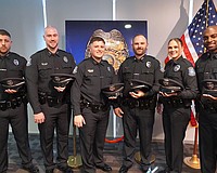 From left, Drew Ferguson, Jason Creasy, Noah Green, Benjamin Newman, Olivia Ledwith and Eric Coley are the newest sworn officers of the Sarasota Police Department.