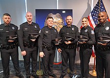 From left, Drew Ferguson, Jason Creasy, Noah Green, Benjamin Newman, Olivia Ledwith and Eric Coley are the newest sworn officers of the Sarasota Police Department.