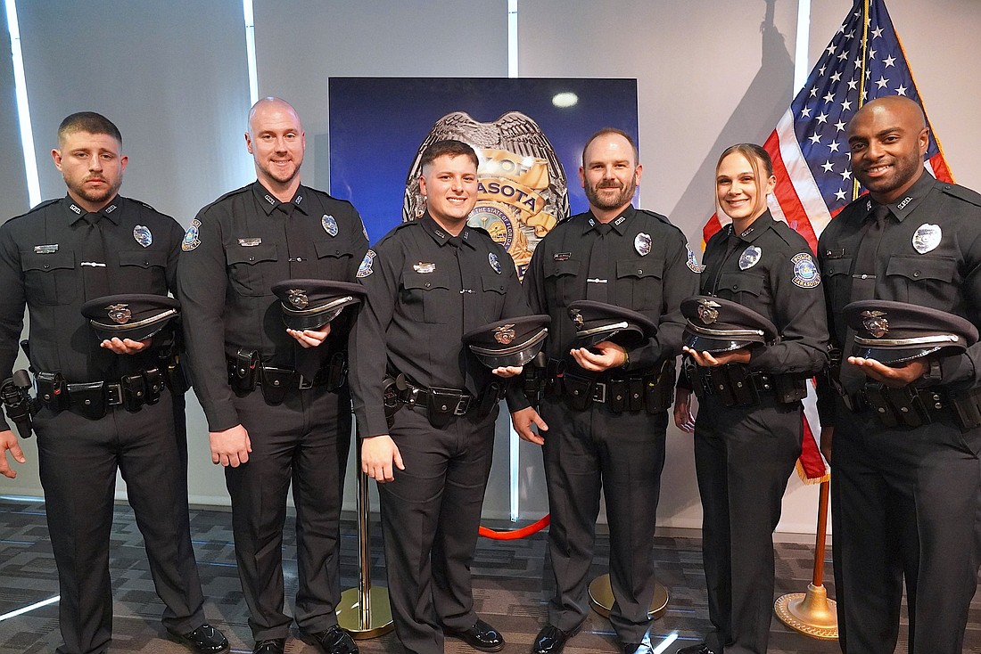 From left, Drew Ferguson, Jason Creasy, Noah Green, Benjamin Newman, Olivia Ledwith and Eric Coley are the newest sworn officers of the Sarasota Police Department.