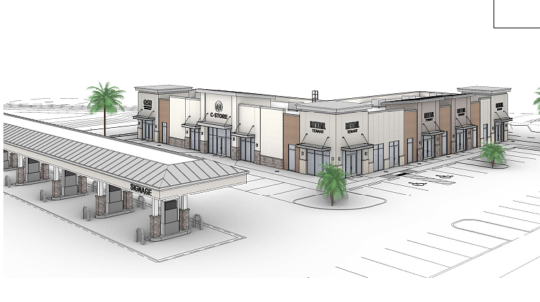 A rendering of a planned new gas station, restaurant and retail space at the corner of Sesame and Seminole Woods Boulevards. Courtesy of Palm Coast documents