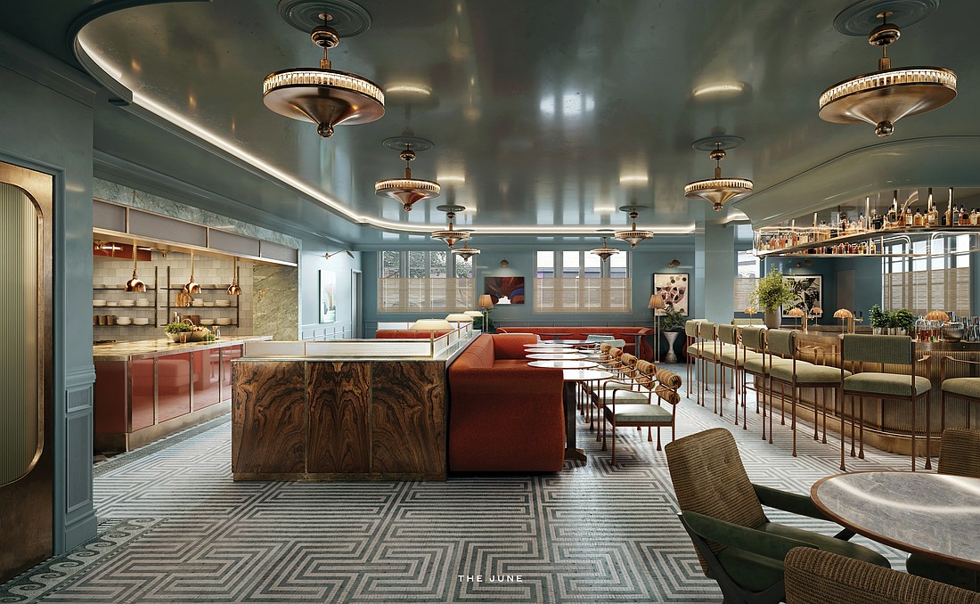 A rendering of the interior of The June, a members-only club being built-out in the historic former Federal Reserve Building at 424 N. Hogan St. Developer Britt Morgan-Saks and renovator Live Oak Contracting offered an update on the project on March 31, saying a soft opening is expected in coming weeks.