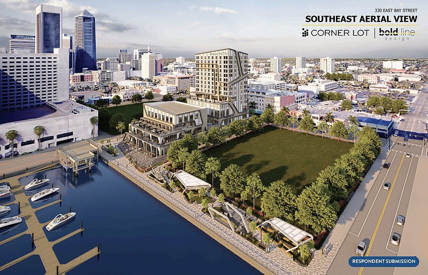 The southeastern view of a mixed-use project proposed by Corner Lot and Aspect Holdings LLC on a portion of 330 E. Bay St., also known as Ford on Bay. The Downtown Investment Authority issued a notice of disposition for the city owned property in February. Corner Lot and Aspect submitted the only response.