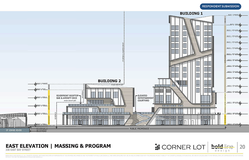 Plans show a mixed-use project with a hotel, convention center, office space and restaurant and retail uses at 330 E. Bay St. Corner Lot and Aspect Holdings LLC propose the $160 million development.