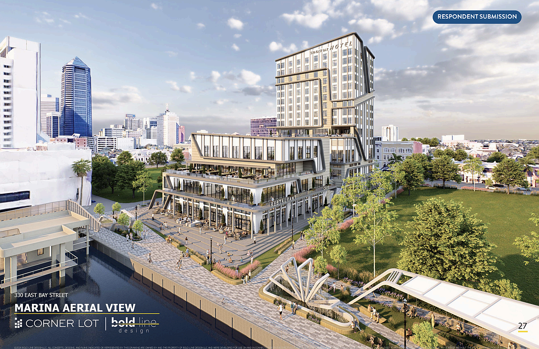 A rendering of the $160 million hotel, convention center and office project proposed by Corner Lot and investment partner Aspect Holdings LLC at 330 E. Bay St. on the Downtown Jacksonville Northbank.
