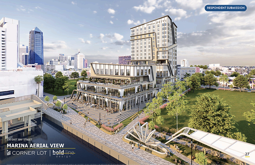 A rendering of the $160 million hotel, convention center and office project proposed by Corner Lot and investment partner Aspect Real Estate Group at 330 E. Bay St. on the Downtown Jacksonville Northbank.