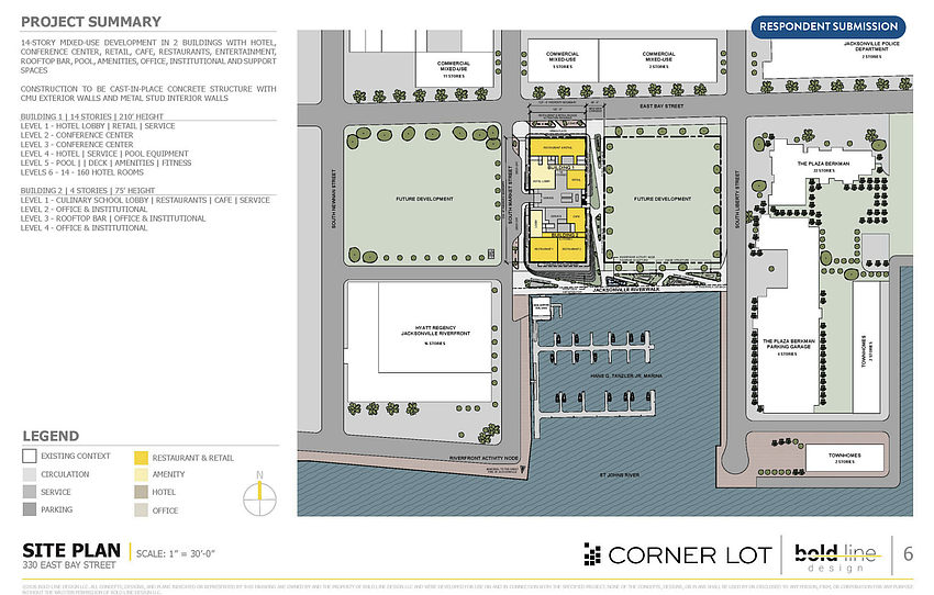 The site plan for a proposed mixed-use development by Jacksonville-based Corner Lot and Denver-based Aspect Holdings LLC at 330 E. Bay St. in Downtown Jacksonville. The partners submitted the only response to a notice of disposition by the Downtown Investment Authority for the western third of the property, site of the former Duval County Courthouse.