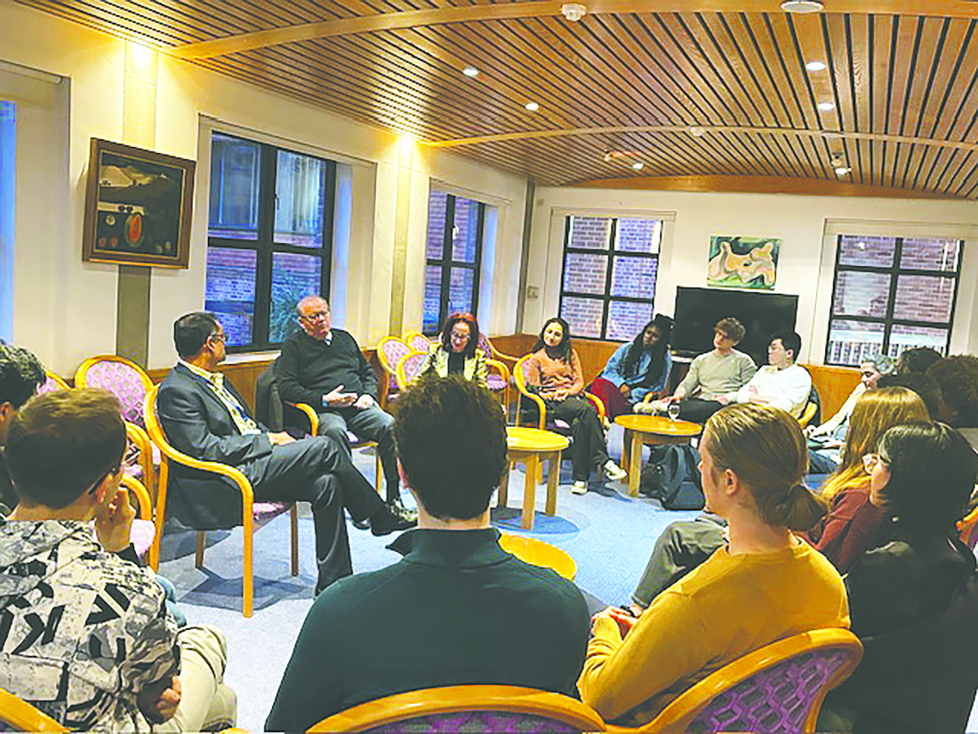 While in England for spring break March 17, JU College of Law Dean Nicholas Allard spoke to a group of administrators, faculty and students at Cambridge University. His topic was American politics and laws.