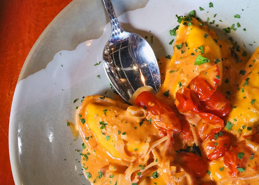 Café Gabbiano’s lobster ravioli is made from scratch each morning, with hand-rolled pasta folded around cold-water lobster and finished in a silky vodka cream sauce brightened with marinara.