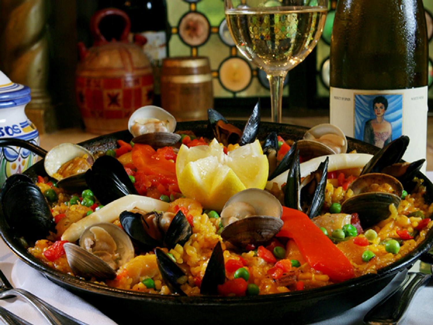 Paella a la Valenciana at Columbia Restaurant is prepared in a traditional pan with Spanish rice, seafood, chicken, pork and vegetables.