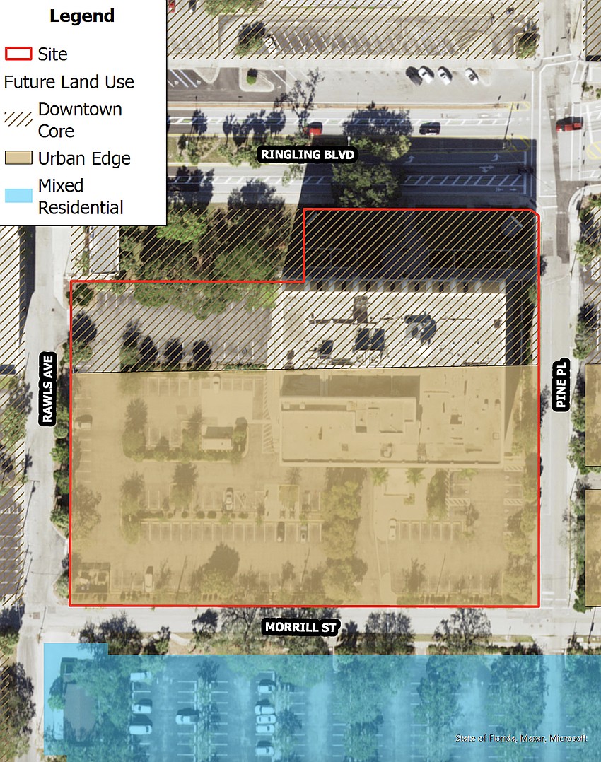 The current land use map of the 1660 Ringling property shows the building bisected by two future land use categories. The current land use map of the 1660 Ringling property shows the building bisected by two future land use categories.