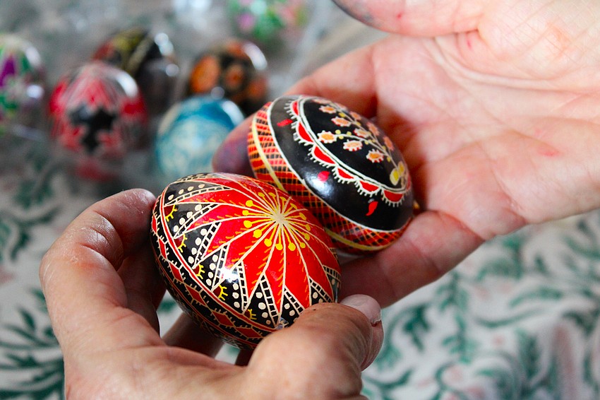 Pysanky artist Roksolana Tymiak-Lonchyna shows examples of some of the common patterns seen in traditional Ukrainian egg decorating.