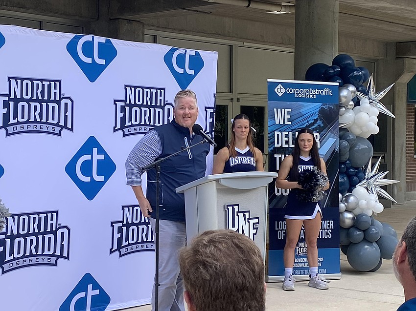 Craig Cline, vice president of operations for Corporate Traffic Logistics, speaks April 2 during an announcement of a naming rights deal between the company and the University of North Florida.