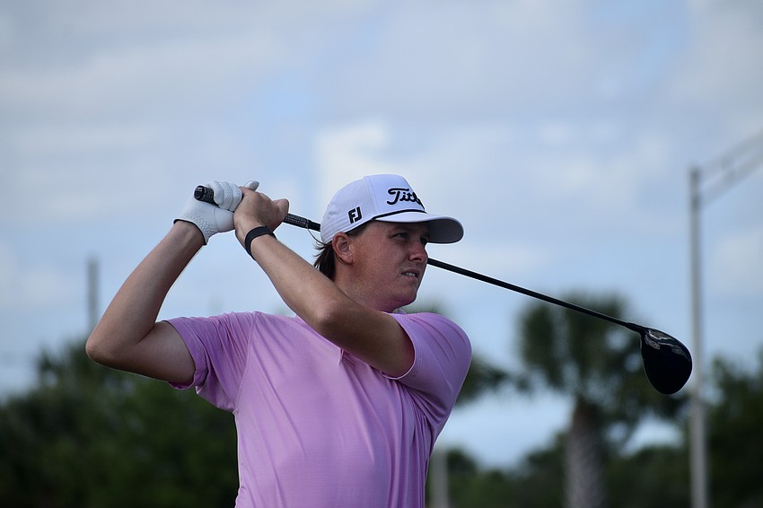 Alex Price watches his drive on the sixth hole. Formerly a four-time All-American at Christopher Newport, he finished two over par.