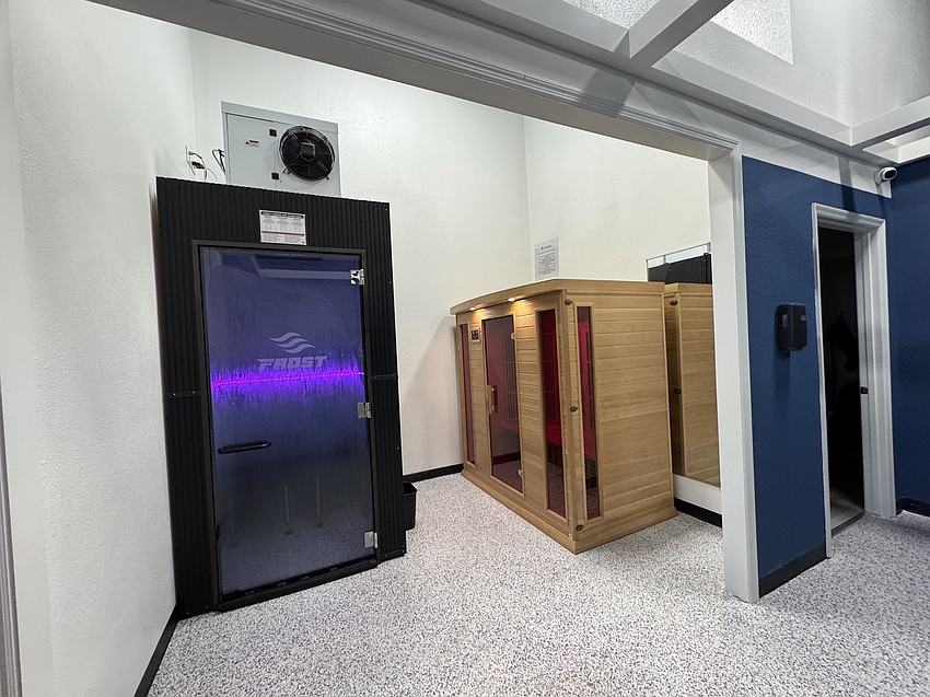 The recovery area includes a Frost Locker, sauna, percussion therapy, massage chairs, salt booth, red light therapy and more.