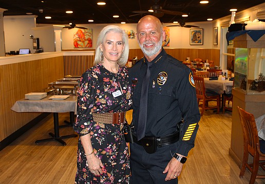 Kiwanis Club of Longboat Key President Danielle Gladding welcomes guest speaker Longboat Police Chief Russ Mager to update members about his approach to leadership since he assumed the role last autumn at the April 2 meeting.