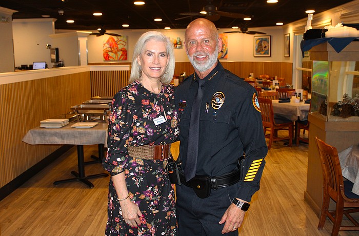 Kiwanis Club of Longboat Key President Danielle Gladding welcomes guest speaker Longboat Police Chief Russ Mager to update members about his approach to leadership since he assumed the role last autumn at the April 2 meeting.