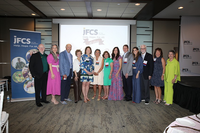 JFCS board members include Brian Meinberg, Stacie Herrera, Michael Goldman, Sheila Weiss, Dr. Helene Lotman, Ellen Goldman, Carol Welsch, Sasha Rosin, Marc Kanoff, Adrienne Bavar, Marshall Cutler, Kathie Roberts and Nancy Platkin.