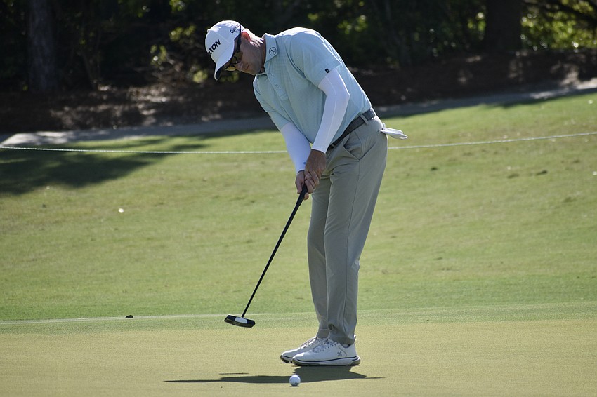 Russell Knox watches the ball following his putt on the 17th green. The 40-year-old Scot finished one under par in the second round.