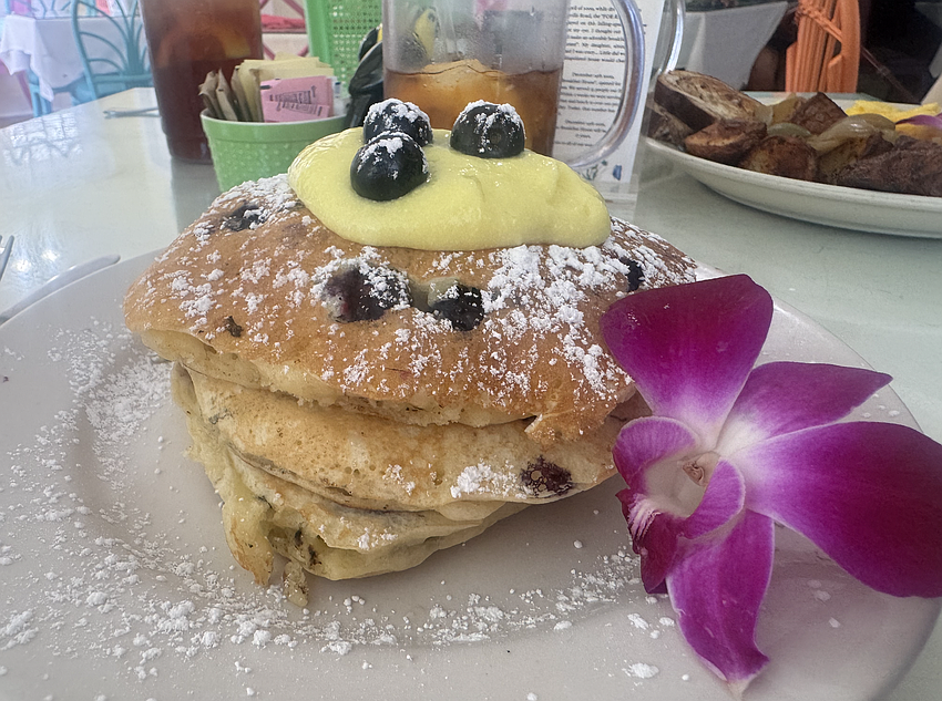 The Breakfast House's lemon lavender stuffed blueberry pancakes ($15.49) with layers of indulgent ricotta. The Breakfast House's lemon lavender stuffed blueberry pancakes ($15.49) with layers of indulgent ricotta.