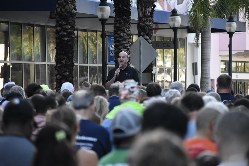 Pastor Brett DeHart of First United Methodist Church of Sarasota addresses the crowd.