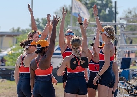 Orlando Area Rowing Society's girls 1V 8+ rowers cheered together before they began the race at Central Districts Regatta.