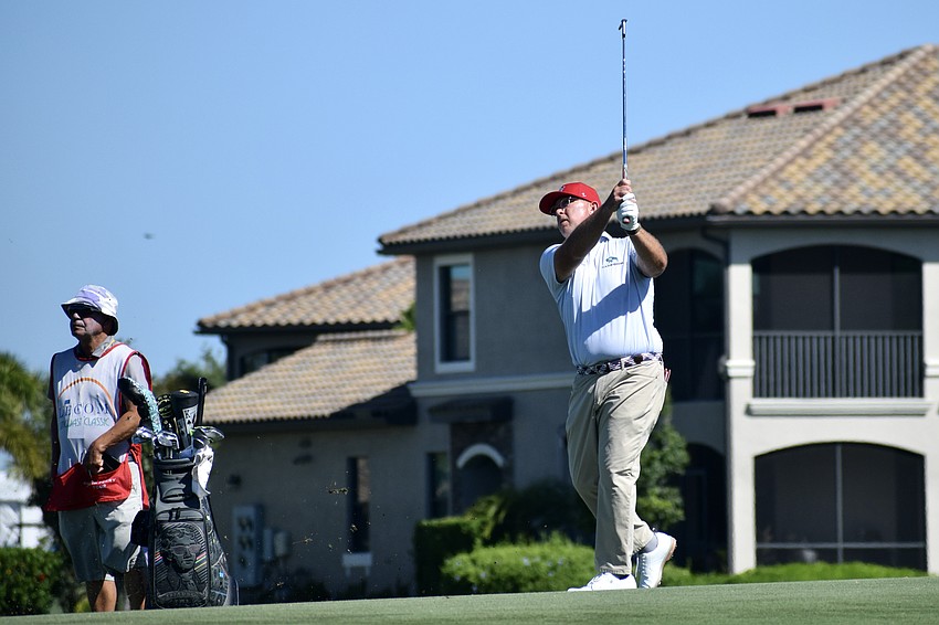 Scott Gutschewski, the 2023 Suncoast Classic champion, watches his approach shot fly on the first hole. He shot four over par in the third round, dropping 41 places.