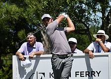 Jeremy Gandon tees off on the first hole of the Commander Course at Lakewood National Golf Club. The 29-year-old Frenchman carded six under par in the third round.