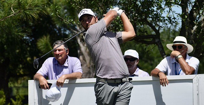 Jeremy Gandon tees off on the first hole of the Commander Course at Lakewood National Golf Club. The 29-year-old Frenchman carded six under par in the third round.