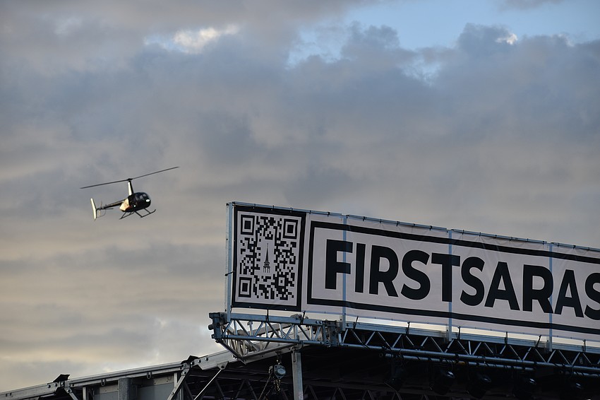 The helicopter arrives.