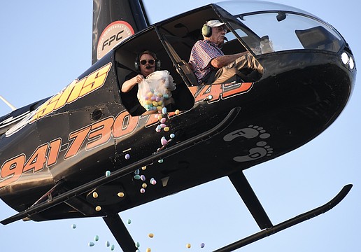 Eggs are droped from the helicopter.