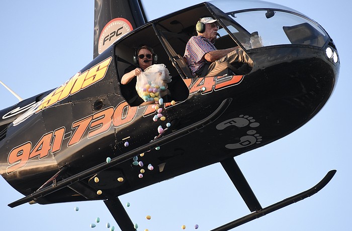 Eggs are droped from the helicopter.