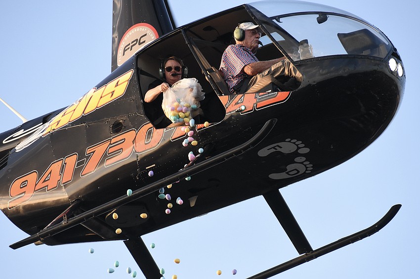 Eggs are droped from the helicopter.