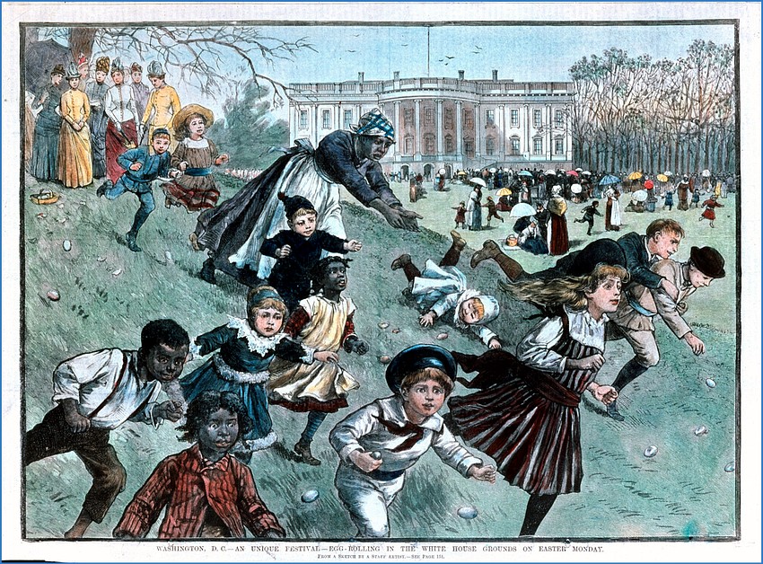 Egg Rolling on the White House Grounds, as depicted in this engraving published in Frank Leslie's illustrated newspaper on April 23, 1887. Courtesy of Randy Jaye