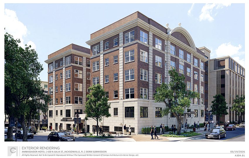 A rendering of the final design of Gateway Jax's proposed restoration of the Ambassador Hotel in Downtown Jacksonville. The development partnership seeks to revive the long-vacant structure at 420 N. Julia St. as a boutique hotel.
