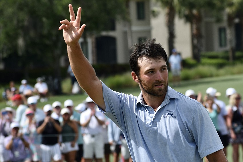 Waving to the crowd, Jeremy Gandon takes in the applause after his winning moment. The 2026 LECOM Suncoast Classic marks his second pro title after the 2025 Club Car Championship.