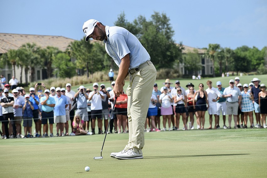 Jeremy Gandon makes his title-clinching birdie putt on the 18th green. He put the ball 12 feet and four inches away from the hole with his approach shot from the right fairway.