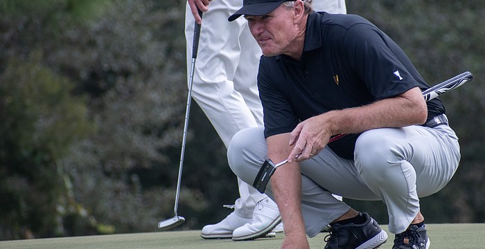 Ernie Els reads the green at The Concession during the 2023 World Champions Cup. He's No. 6 on the PGA Tour Champions money standings, as of April 6, and will be active at the Senior PGA Championship.