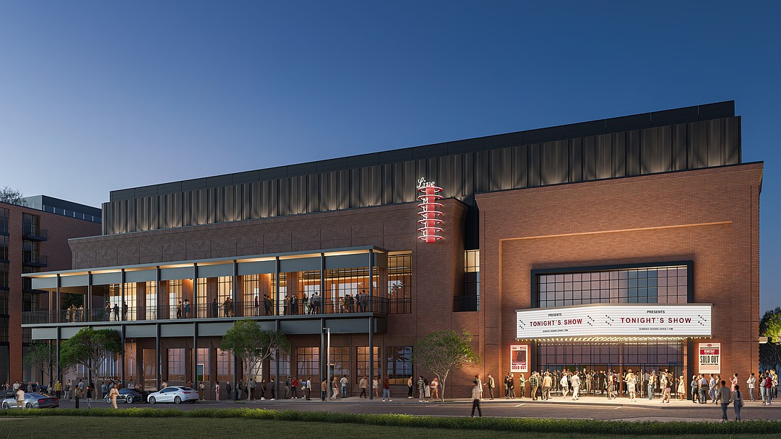 A rendering of a 4,300-seat music venue planned to open in late 2028 in Tampa’s Gasworx District.