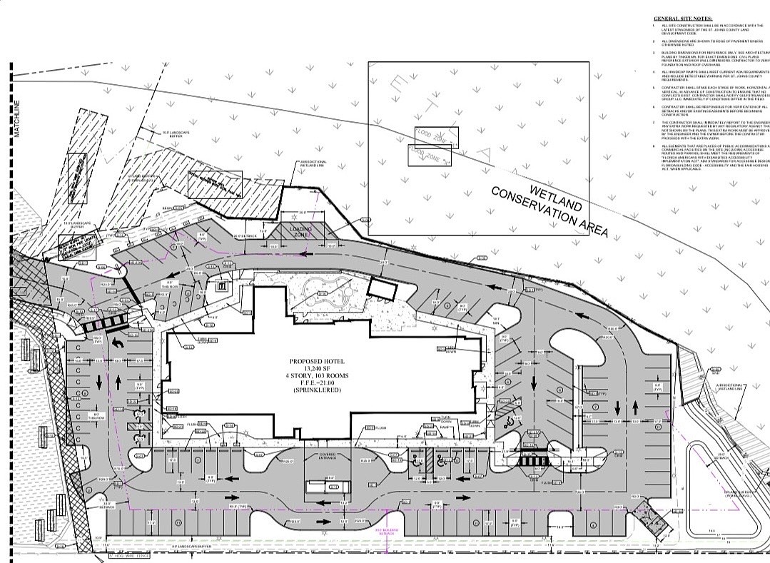 Site plans submitted to Jacksonville city utility JEA for a proposed Fairfield by Marriott Inn & Suites off County Road 210 in St. Johns County show a 61,117-square-foot, four-story hotel with 103 rooms.